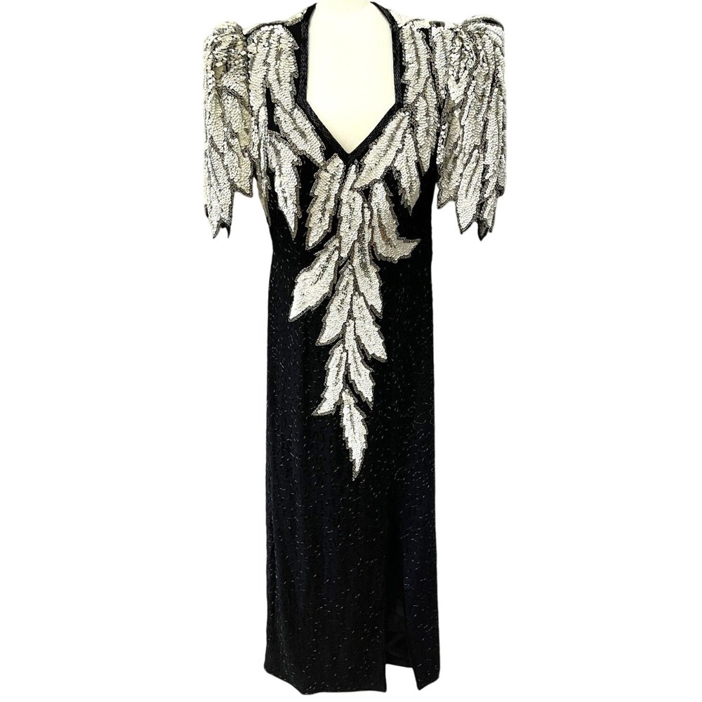Cache Black Silver Beaded Silk Maxi Dress 4 Vintage 1980s Open Back
